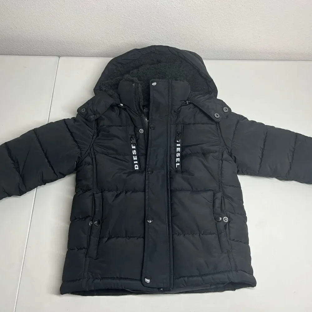 Diesel Kids Down Parka Jacket Size 5/6 Black Hooded Full zip